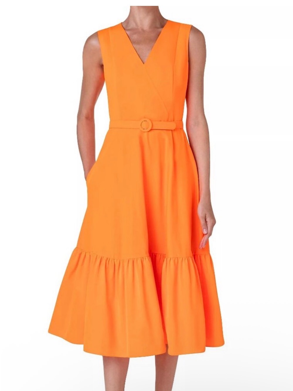 Akris Punto Sleeveless V-Neck Tiered Belted Midi Dress in Orange